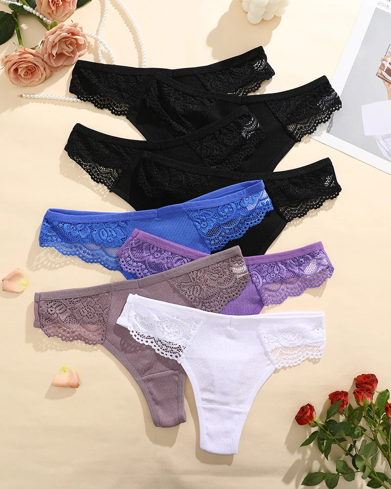FINETOO 8Pcs Women's Cotton Underwear Lace Thongs Sexy Solid Color Low Waist Bikini Panties Ladies Breathable G-string Lingerie