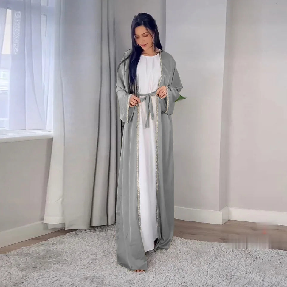 2024 Muslim Dress Diamond Women's Long Dress Fashion Long Sleeve Lace-up Long Abayas Casual Solid Color Clothes for Muslim Women