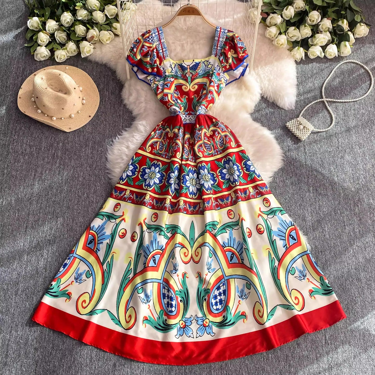 2024 New Summer Women Sexy Slash Neck Short Sleeve Slim Long Dress Fashion Vintage Print Ruffles Floral Maxi Pleated Vestidos
