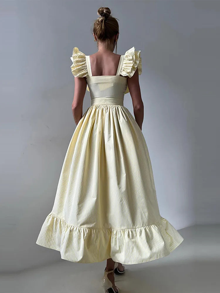 Flying Sleeve Ruffle Striped Slip Long Dress Women Elegant Square Collar Waist Cinching Pleat Party Dresses Chic Ladies Vestido