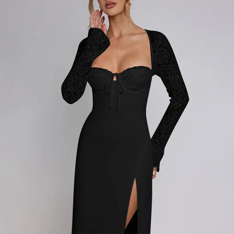 Mozision Lace Long Sleeve Sexy Maxi Dress Women Autumn New Square Collar Backless Lace-up High Split Sexy Club Party Long Dress