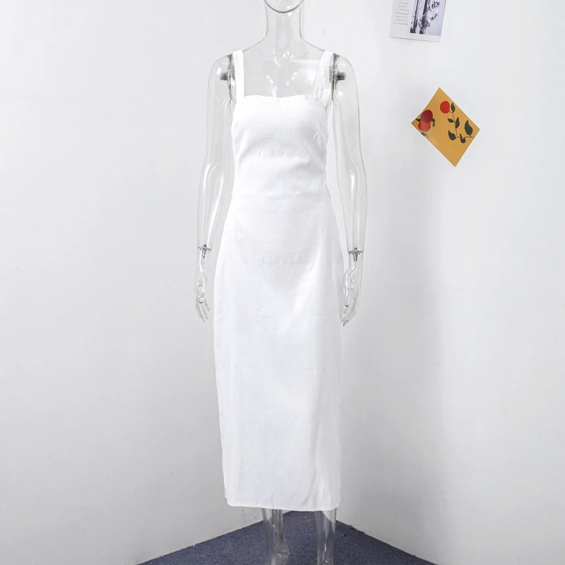 Sexy Square Neck Sling Long Dress Women Slim Sleeveless Backless Hollow Out Maxi Dresses 2025 Lady Party Christmas Gowns