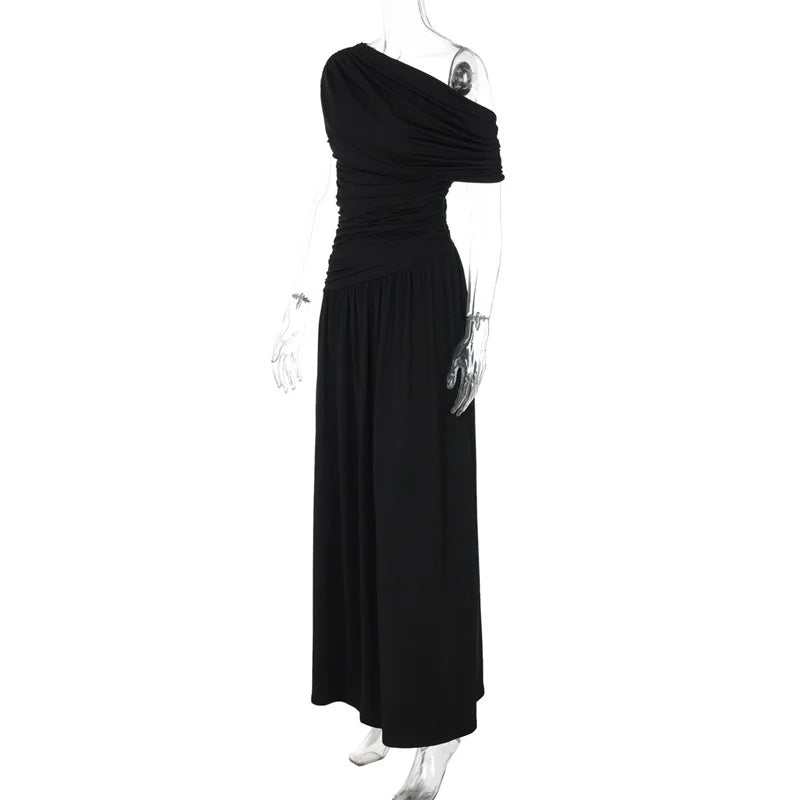 Mozision Incline Shoulder Backless Sexy Maxi Dress Women Summer New Fashion Sleeveless Pleated Ruched Club Party Long Dress
