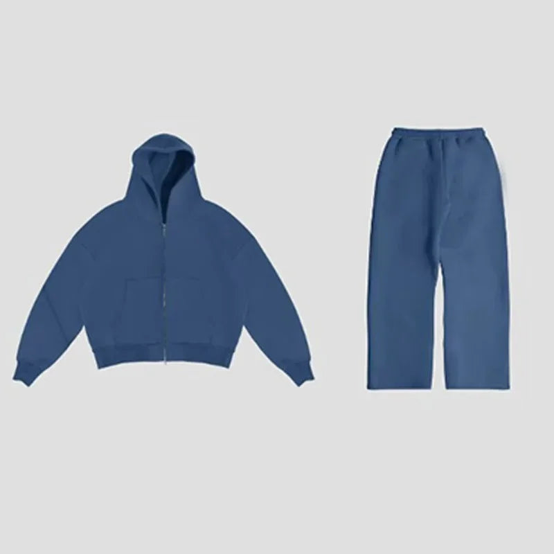 Korean Fashion Solid Color Sweatshirt Fleece Two-Piece Men's Y2K New Harajuku Casual Joker Straight Pants Couple Street Wear