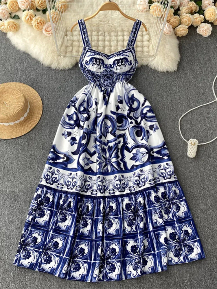New Summer Holiday Elastic Yellow Print Long Dress Women's Spaghetti Strap Cup Padded Backless Blue White Porcelain Maxi Vestido