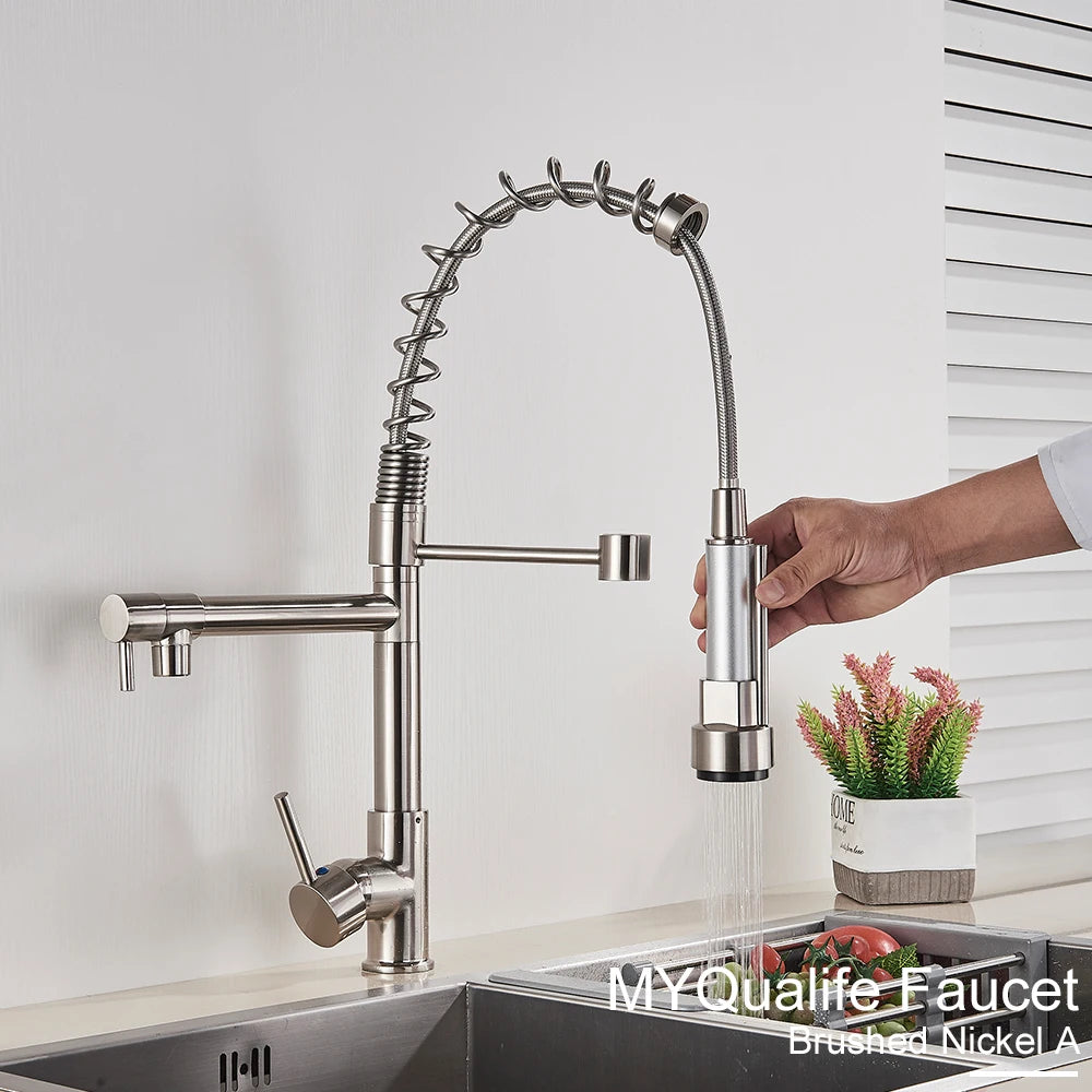 Black Pull Down Kitchen Sink Faucet Hot Cold Water Mixer Crane Tap with Dual Spout 360 Rotation High Faucet Deck Mounted