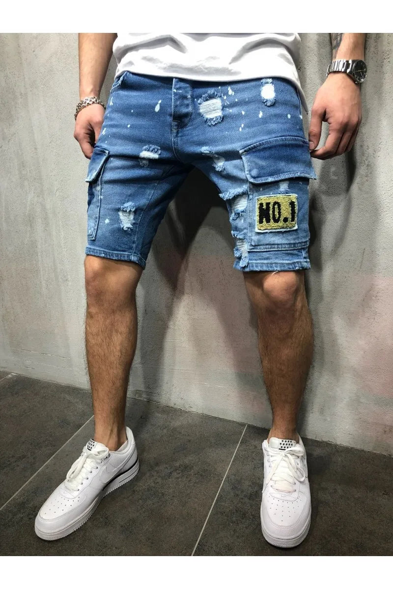 2025 Men's Summer Short Jeans High Stretch Fashion Casual Denim Shorts Male Slim Fit Elastic Badge Pockets Hole Shorts for Men