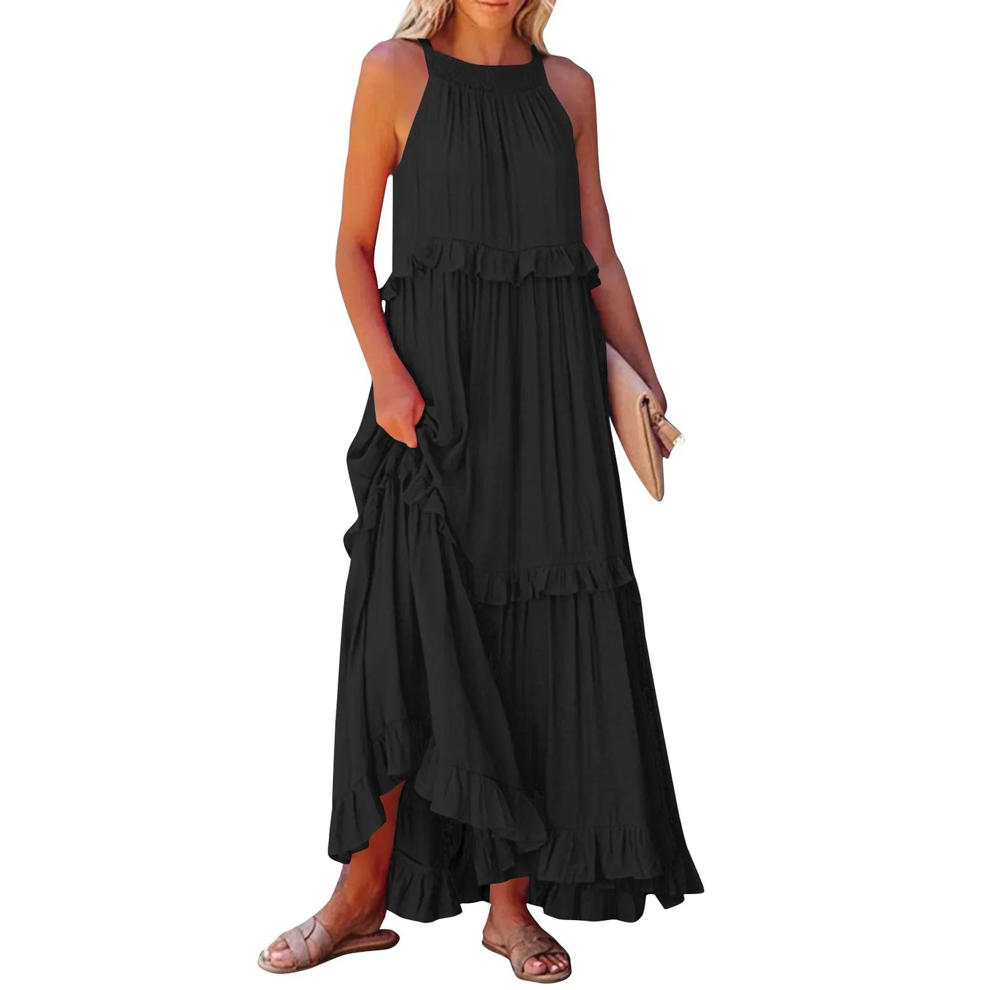 Women's Ruffled hem layered long dresses Summer Sleeveless backless dress Fashion Long Dress Big Swing Beach Dress vestidos