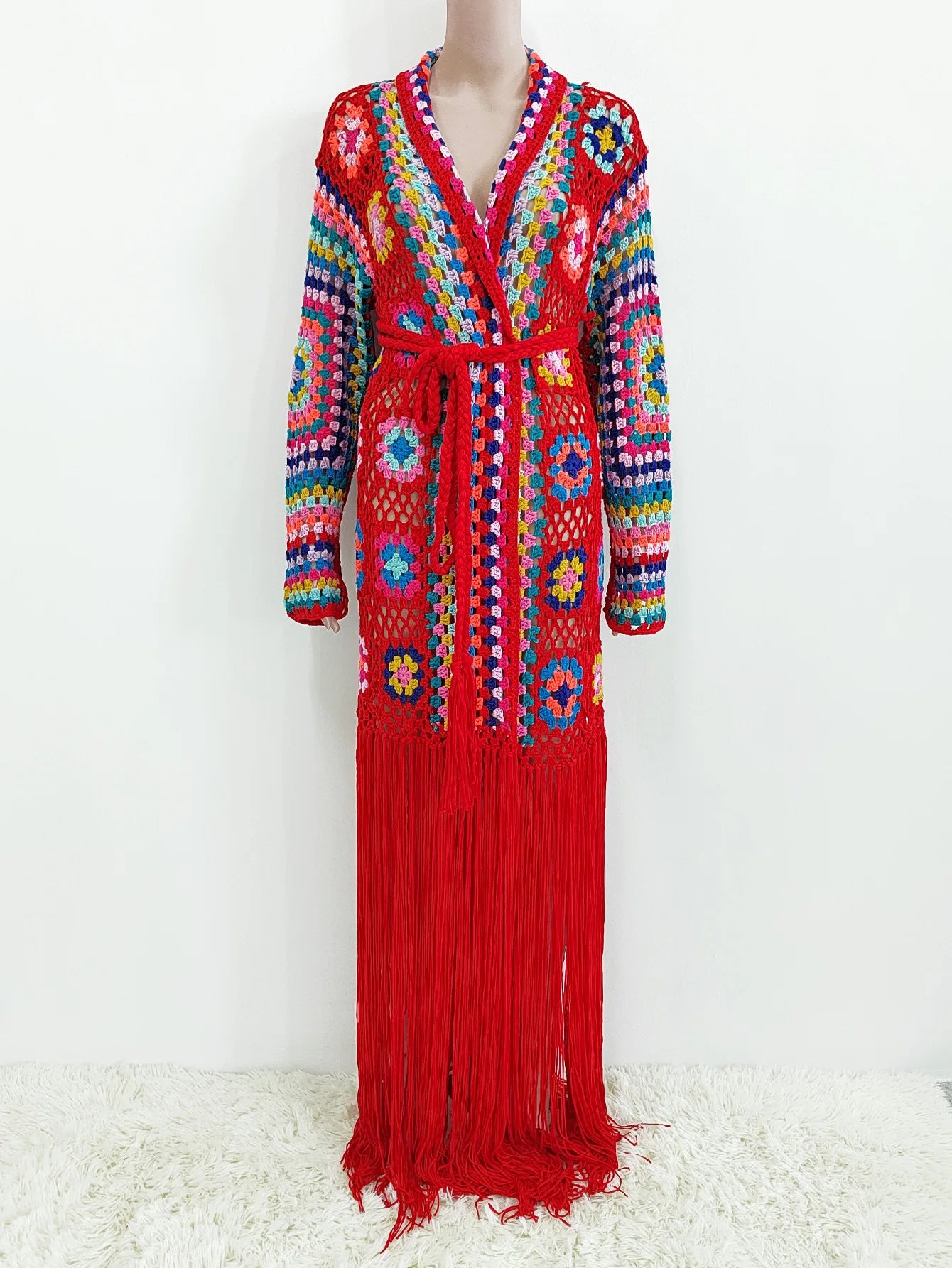 Crochet Knitted Women Cardigan Cover Ups Tassel Plaid Long Coat Bohemian 2023 Summer Beach Bikini Covers Sexy Hook Vestidos