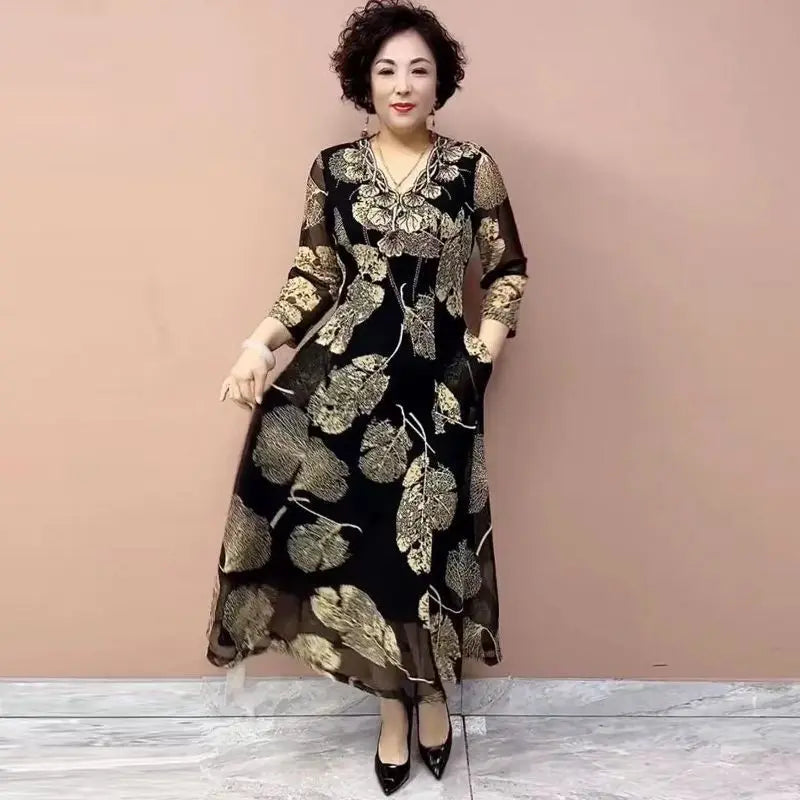 Female Clothing Vintage Leaf Printed Long Dress Elegant V-Neck Spring Summer New Casual 3/4 Sleeve Chic Diamonds A-Line Dresses