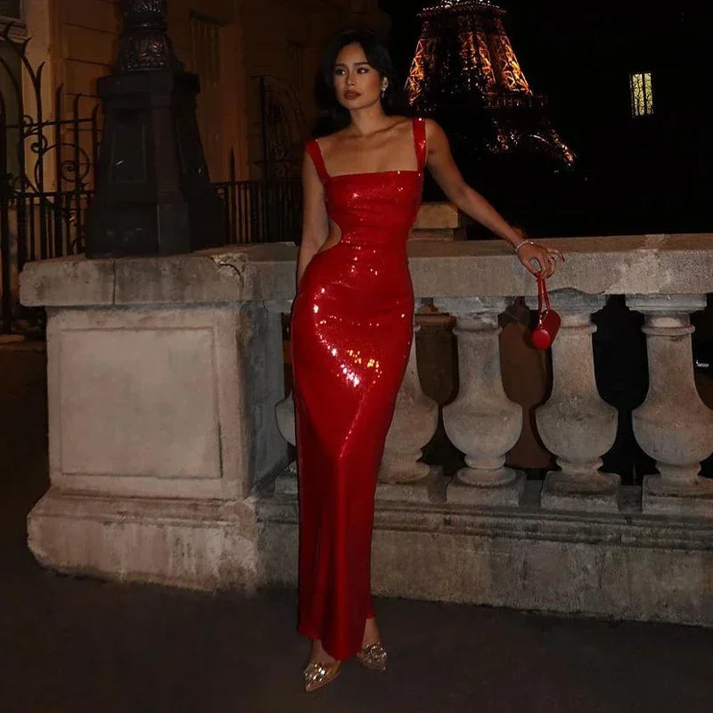 Sexy Square Neck Sling Long Dress Women Slim Sleeveless Backless Hollow Out Maxi Dresses 2025 Lady Party Christmas Gowns