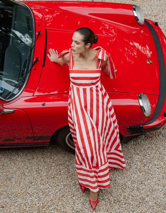 2024 Summer New Stripe Print Spaghetti Strap Dresses For Women Fashion Elegant Lady Bowknot Shoulder Strap Long Dress Vestidos