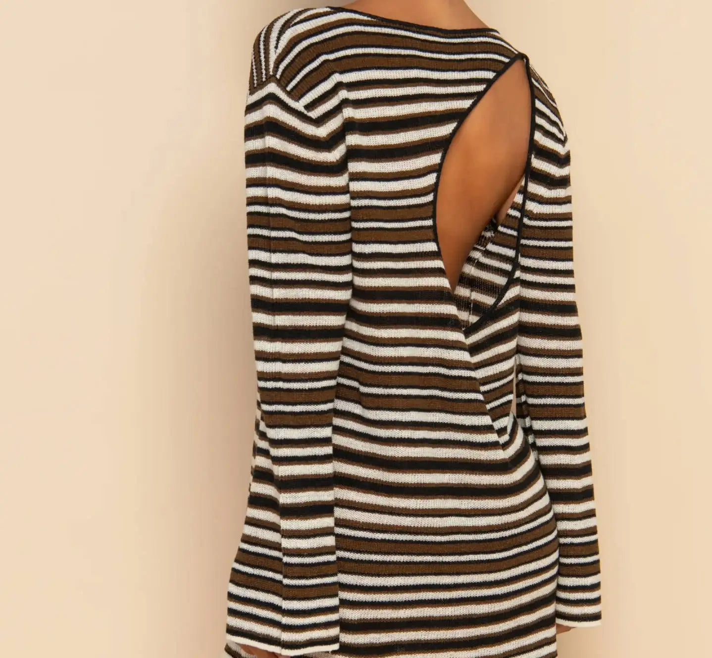 Talenza Knit Striped Mini Dress Women's Fashion Backless Cutout Long Sleeve Knit Dress Beach Vacation Boho Loose Casual Dresses