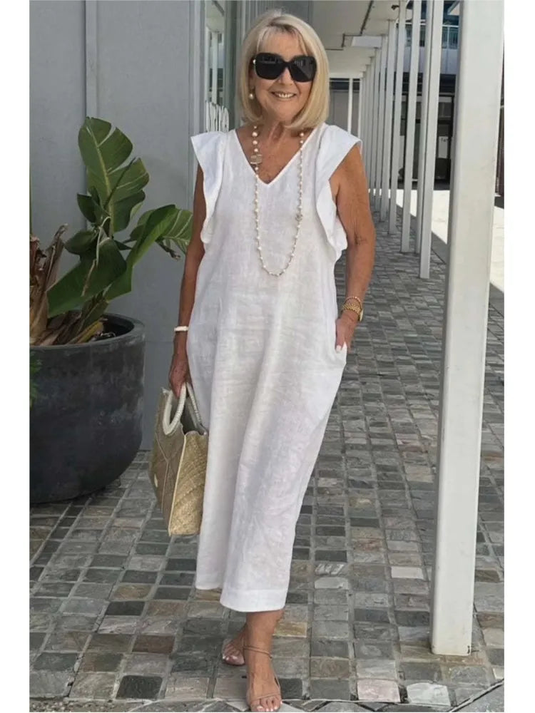 Summer Cotton And Linen Dress For Women Fashion Flying Sleeves Strappy Back Solid Color Loose Long Dress Elegant Robe Femme