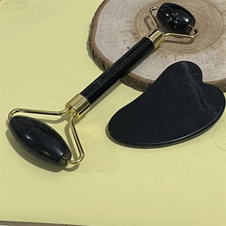 Natural Jade Double Head Roller Health Beauty Treatment Device Scraping Board Set Xiuyan Face Massager To Lift Remove Wrinkles