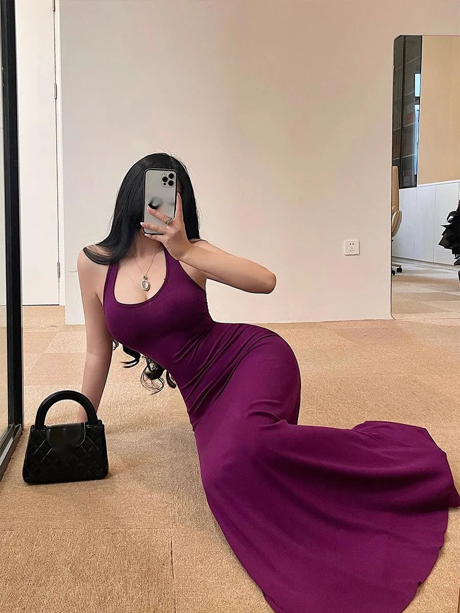 Sweet Women Maxi Dresses Sexy Backless Slim Hanging Neck Dress Long Dress Elegant V Neck Hot Sexy Korean Women Tops 2PLP