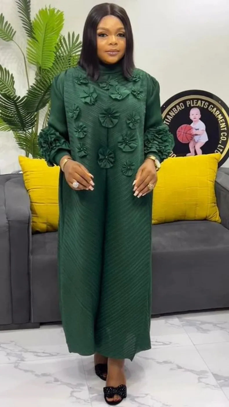 ANLAN Miyake Pleated Maxi Long Dress 3D Flower Splicing Lantern Sleeve Half Turtleneck Formal Dresses for Women 2025 New 5AN9928
