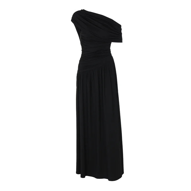 Mozision Incline Shoulder Backless Sexy Maxi Dress Women Summer New Fashion Sleeveless Pleated Ruched Club Party Long Dress