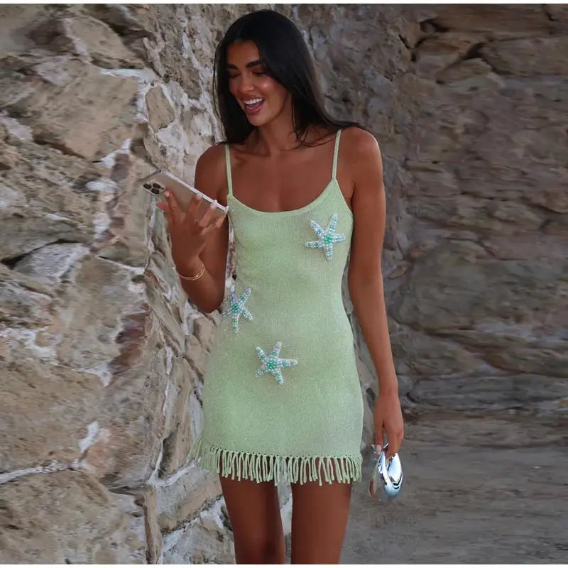 Star Pattern Knitted Sequins Long Dress Women Sleeveless O-neck Solid 2025 Summer Fashion Slim Dresses Vacation Party Vestidos