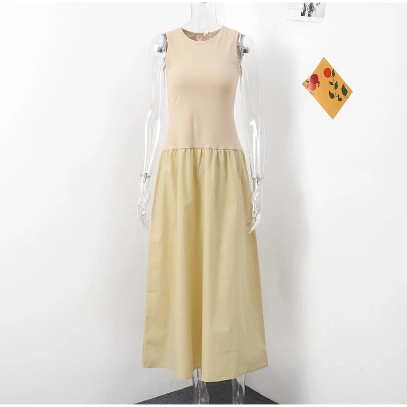 Fashion Patchwork Long Dress For Women Chic O-neck Sleeveless Party Midi Dresses Female Elegant Evening Holiday Lady Vestidos