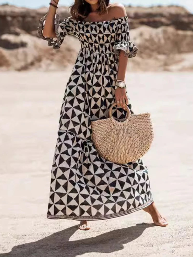 Women's One Line Neck Off Shoulder Elegant Printed Waist and Ankle Long Dress Women's Fashion Dress