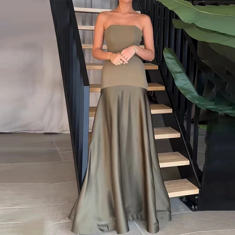 Women Sexy Off Shoulder Bustier Bodycon Dress Summer Casual Sleeveelss Solid Long Dress 2024 Elegant Patchwork Waist Party Dress