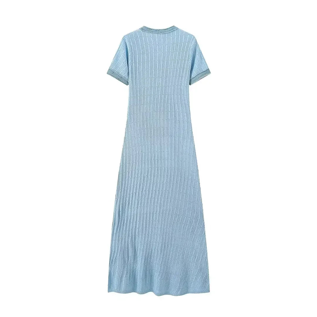 European and American style denim stitching knitted short-sleeved dress women's new high-end design long dress