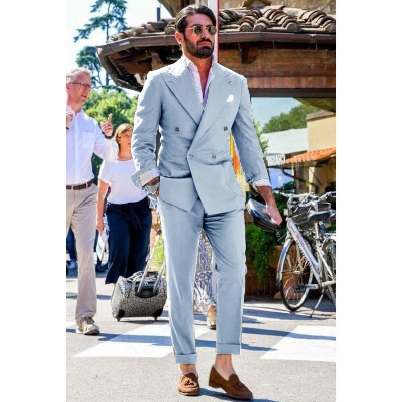 Men's Suit Two-piece Solid Color Double Breasted Fashion Spike Lapel Slim Fit Cropped Pants Casual Business Party Suits 2023