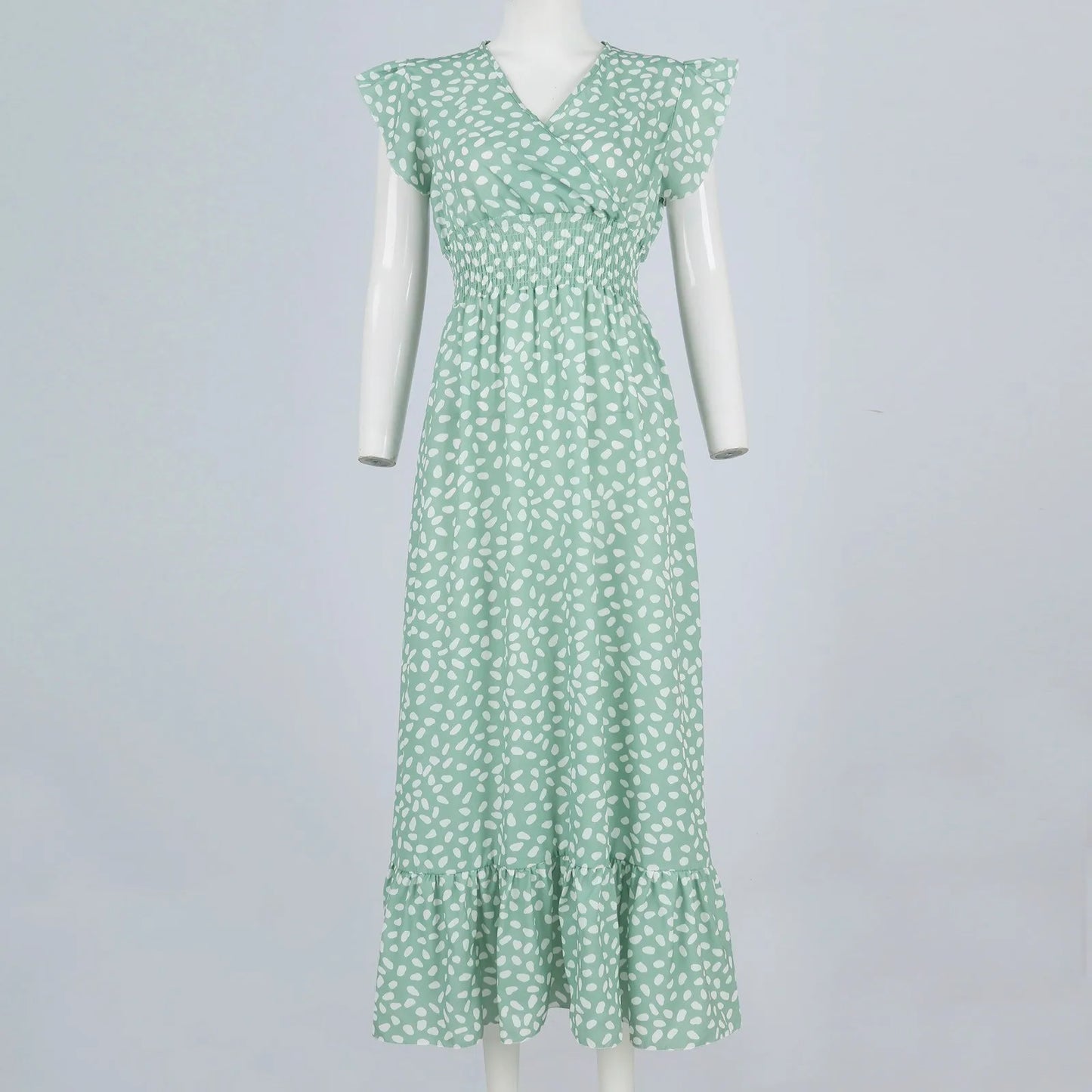 Polka Dot Dress For Women Sexy V-Neck Long Dress Casual And Fashionable Ruffle Edge Short Sleeved High Waisted Dress