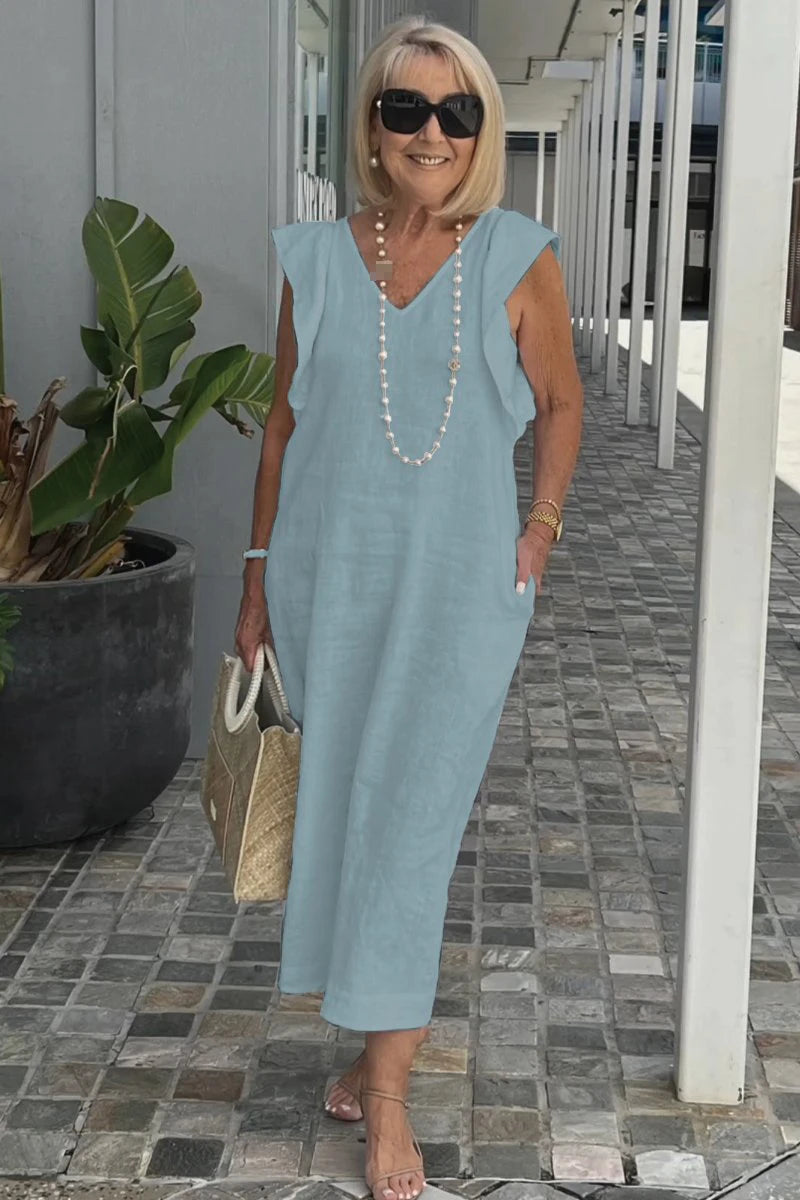 Summer Cotton And Linen Dress For Women Fashion Flying Sleeves Strappy Back Solid Color Loose Long Dress Elegant Robe Femme