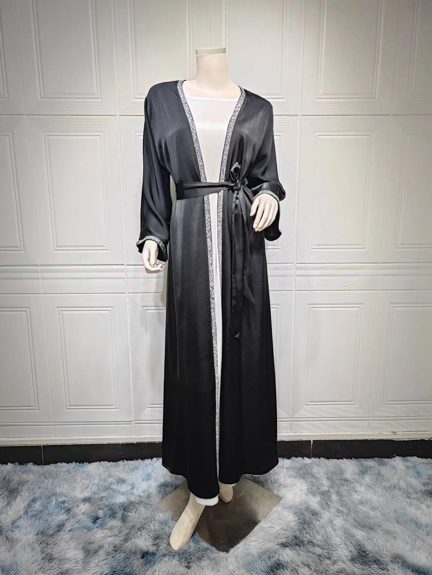 2024 Muslim Dress Diamond Women's Long Dress Fashion Long Sleeve Lace-up Long Abayas Casual Solid Color Clothes for Muslim Women