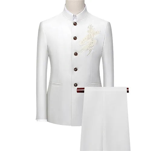 White Men's Stand Collar Chinese Style Slim Fit Two Piece Suit Set / Men Zhong Shan Blazer Jacket Coat Pants Trousers 2 Pcs 7XL