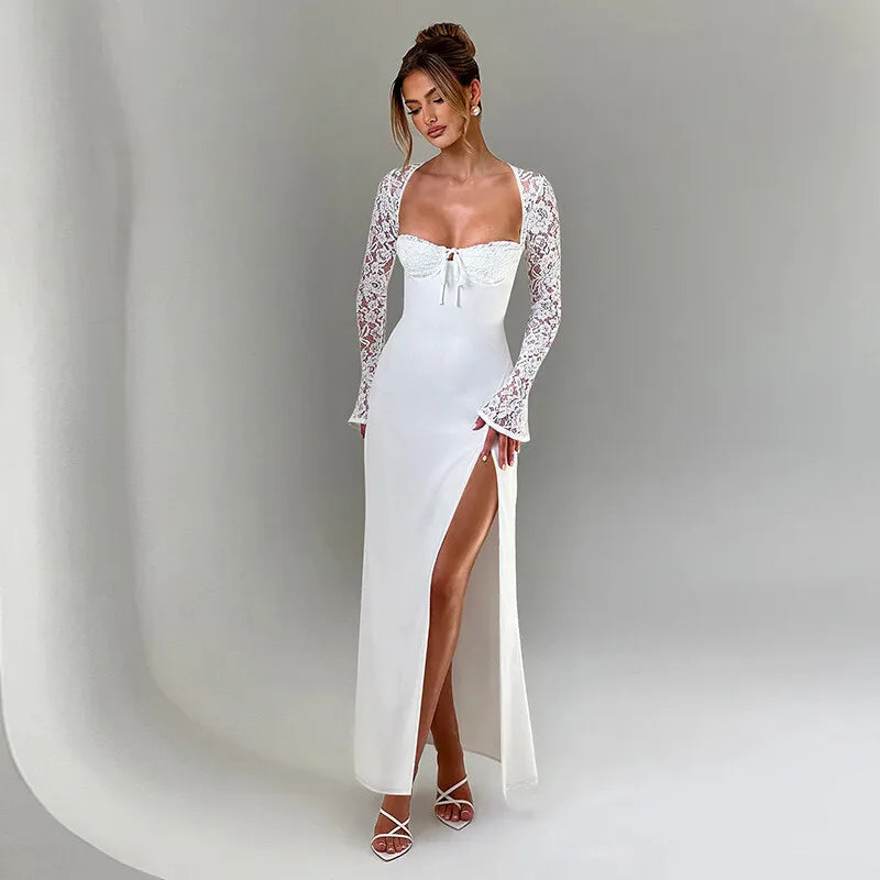 Mozision Lace Long Sleeve Sexy Maxi Dress Women Autumn New Square Collar Backless Lace-up High Split Sexy Club Party Long Dress