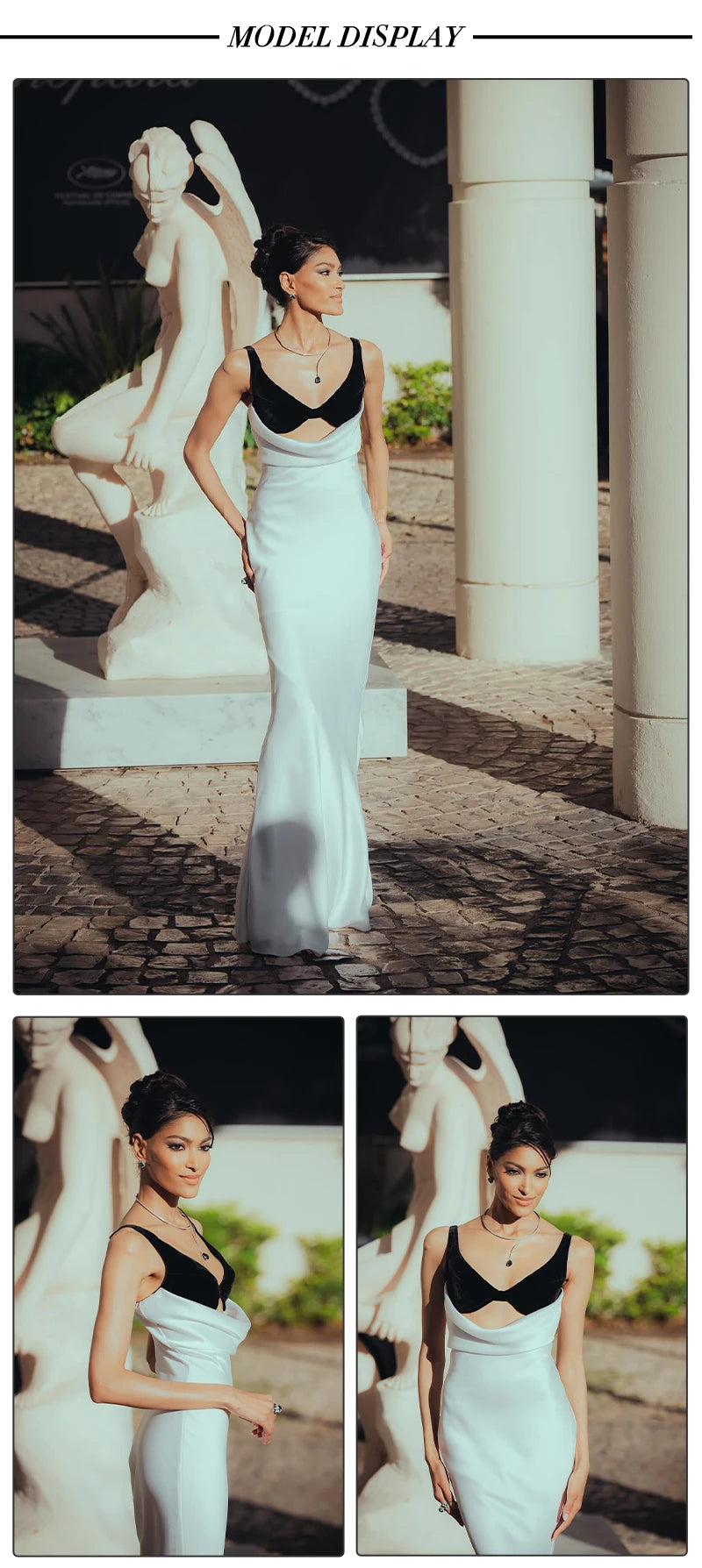 VC Women Cut-out Long Dress Temperament Contrast Color Combo V Neck Suspender Backless Slit Slim Mermaid Party Evening Gowns