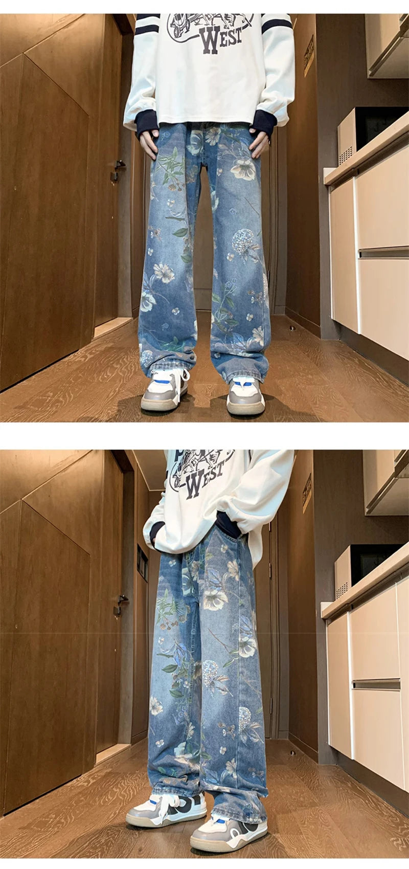 American High Street Floral Printed Jeans For Men 2024 New Y2K Vintage Denim Trousers Hip Hop Fashion Wide-leg Baggy Jean Pants