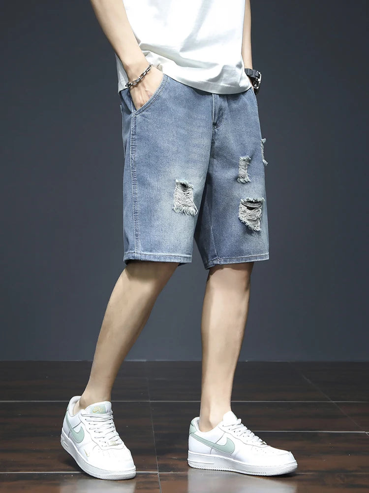 Summer Men's Blue Denim Shorts Y2k Cotton Loose Straight Ripped Fashion Shorts Men Korean Trendy Casual Streetwear Short Jeans