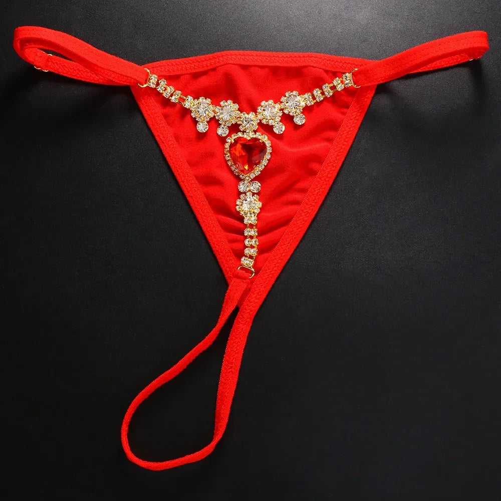 Red Crystal Heart Thong Gstring Rhinestone Body jewelry for Women Sexy Bikini Fabric Thong Swimsuit Panties Adjustable Gift
