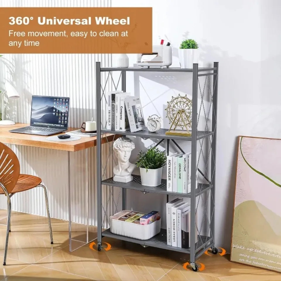 Foldable Metal Storage Rack Multifunctional Living Room Shelf Multilayer Installation Free Kitchen Organizer Trolley Bookshelf