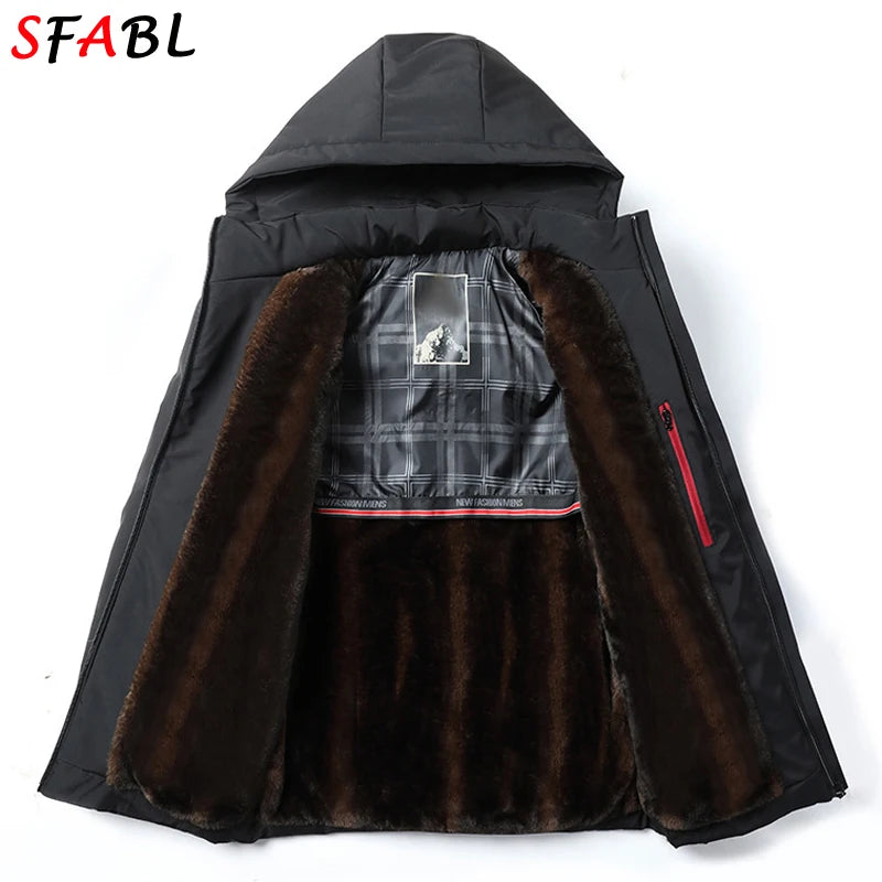 New Hooded Fleece Lining Men's Winter Jacket Coat Parka With Zipper Pockets Korean Winter Jackets for Men's Winter Coats Black