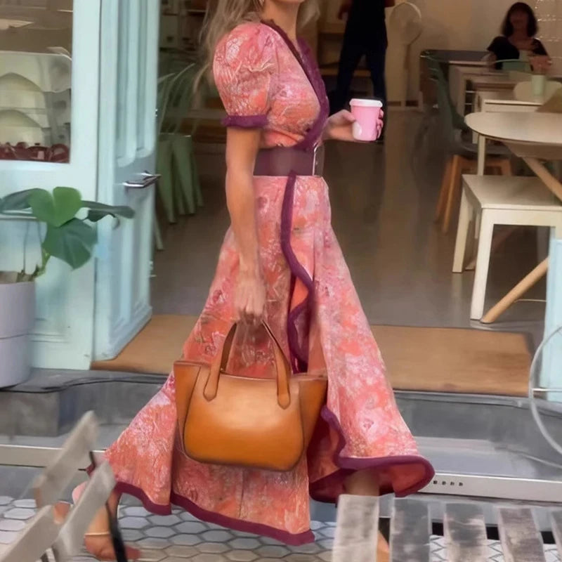 2025 Summer New Bohemian Pattern Print Long Dress Casual V Neck Irregular Fit Dress Elegant Puff Sleeve Vacation Dress For Women