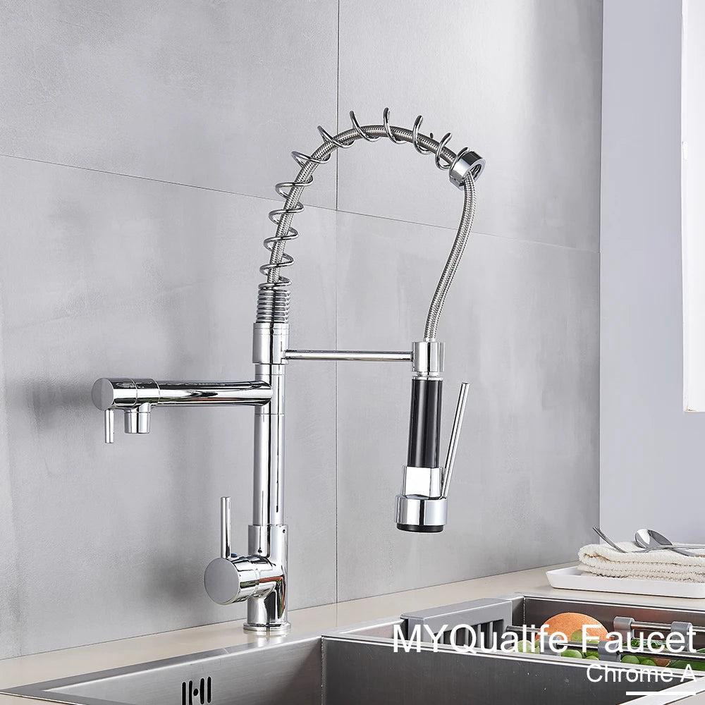Black Pull Down Kitchen Sink Faucet Hot Cold Water Mixer Crane Tap with Dual Spout 360 Rotation High Faucet Deck Mounted