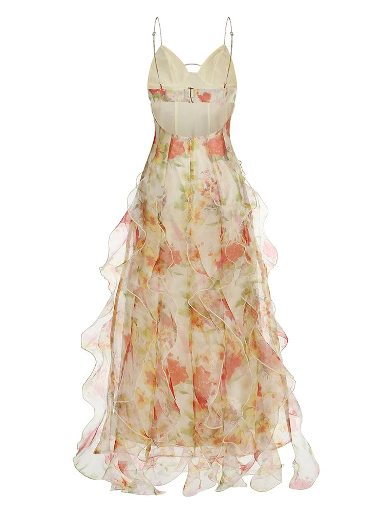 Summer Women Sleeveless Colorful Floral Printing Beach Long Dress Sexy Spaghetti Straps Backless Ruffles Split Dresses Holiday