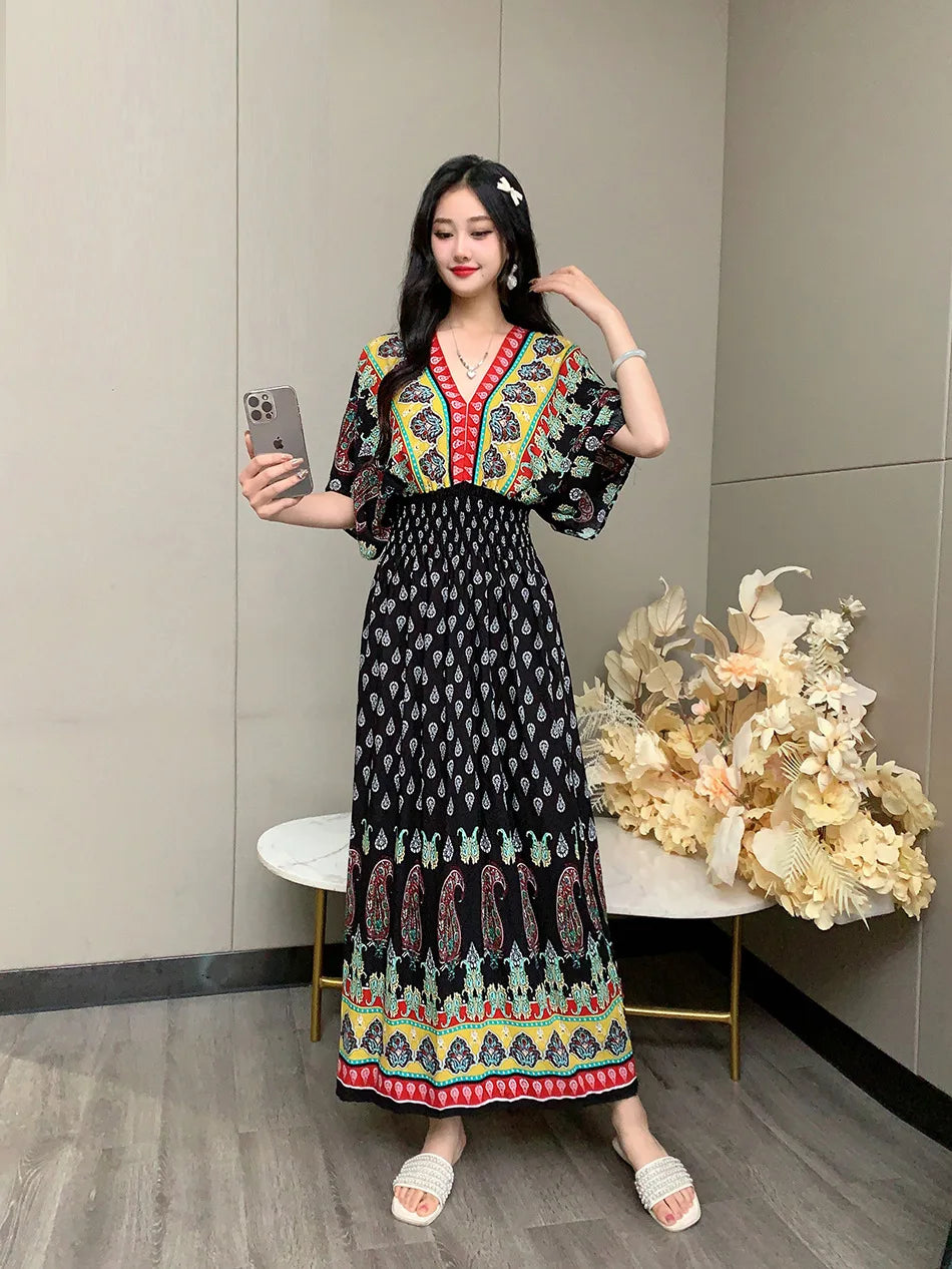 V-neck Large Skirt Hem Casual Sweet Holiday Long Dress Bat Sleeves Elastic Waist Bohemian Print Floral Elegant Dresse For Women