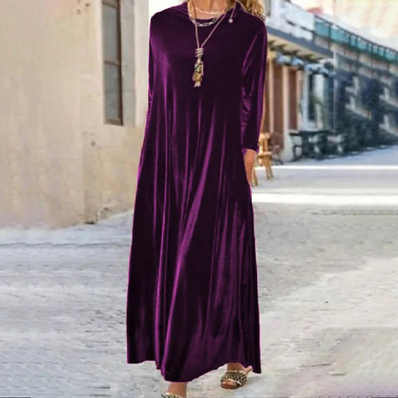 Spring and Summer New Gold Velvet European and American Slim Style Round Neck Long Dress