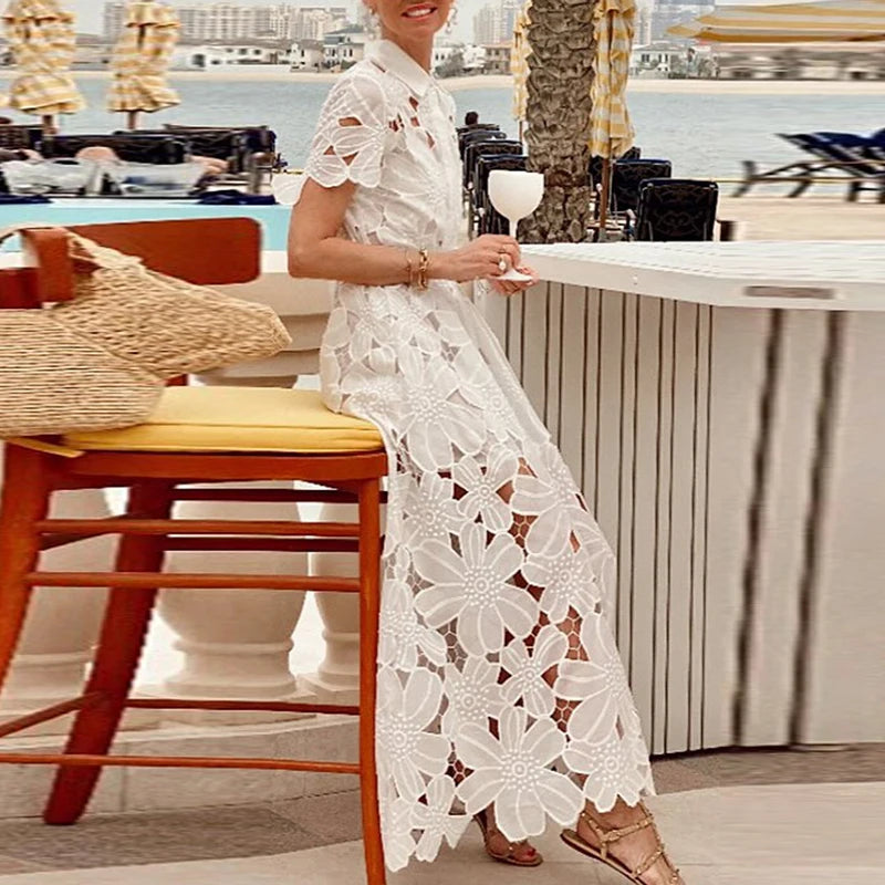Casual Solid Color Holiday Dresses Summer Women's Lapel Tie Up Lace Dress Sexy Hollow Short Sleeved Single Breasted Long Dress