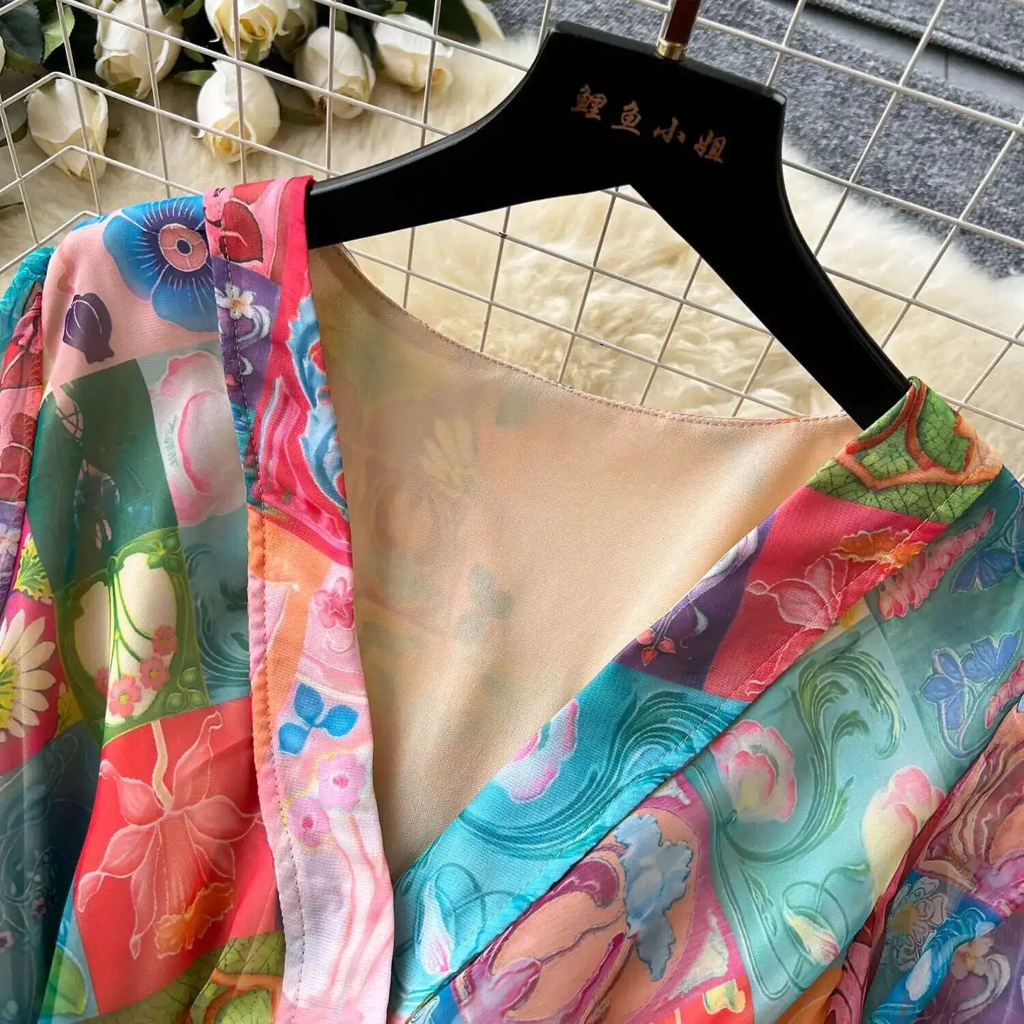 XFPV 2025 Spring New Fashion High-end V-neck Lantern Sleeves High Waist Print Swing Ruffle Edge Chiffon Long Dress Women SM11517