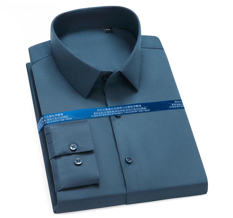 Men's Silk Touch Long Sleeve Non-iron Dress Shirt Without Pocket Stretchy Silky Regular Fit Wrinkle Free Business Casual Shirts