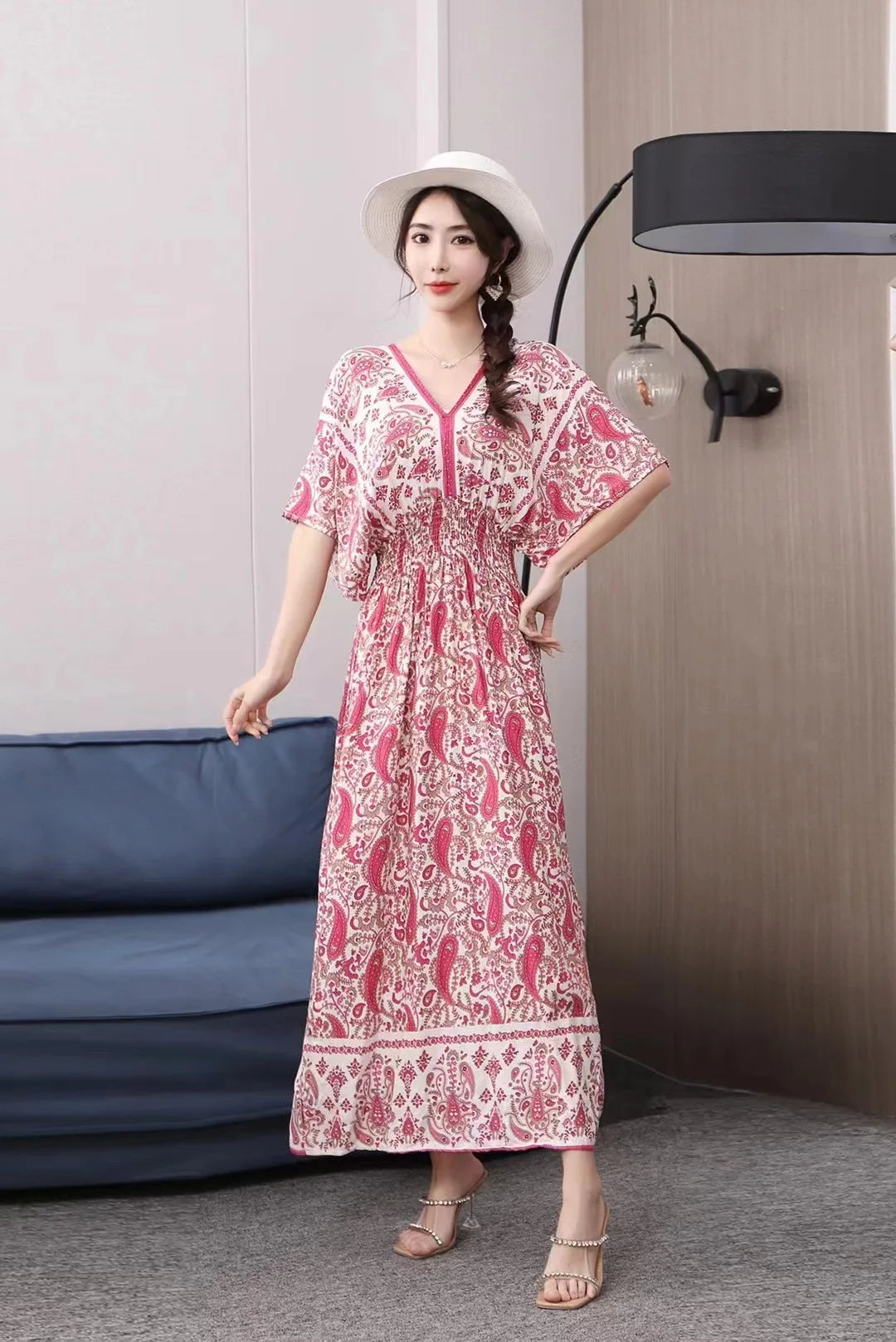 V-neck Large Skirt Hem Casual Sweet Holiday Long Dress Bat Sleeves Elastic Waist Bohemian Print Floral Elegant Dresse For Women