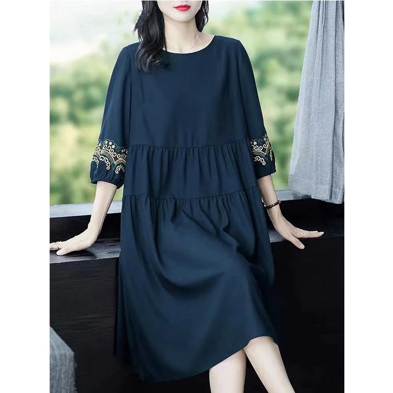 Oversized Women Vintage Long Dress Fashion Casual Spring Summer New 3/4 Sleeve Indie Folk Embroidery Big Size Pullover Midi Robe