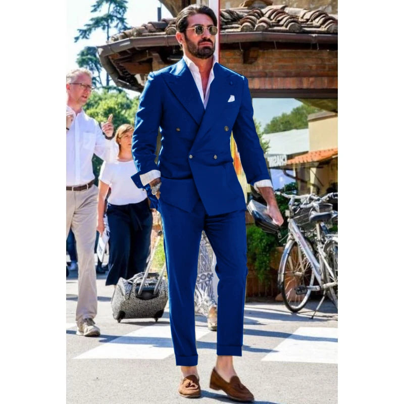 Men's Suit Two-piece Solid Color Double Breasted Fashion Spike Lapel Slim Fit Cropped Pants Casual Business Party Suits 2023